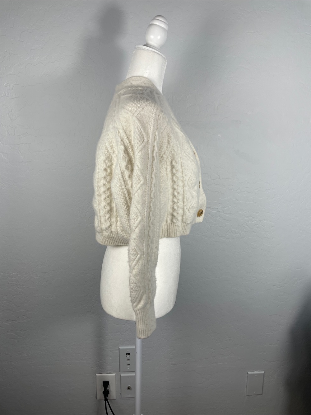 Madewell Cream Cable Knit Cropped Merino Wool Blend Cardigan Size Large - Picture 4 of 9